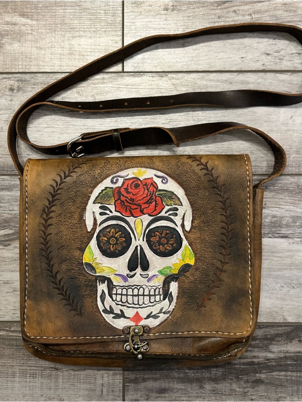 Handpainted Sugar Skull Leather Crossbody Bag - Brown